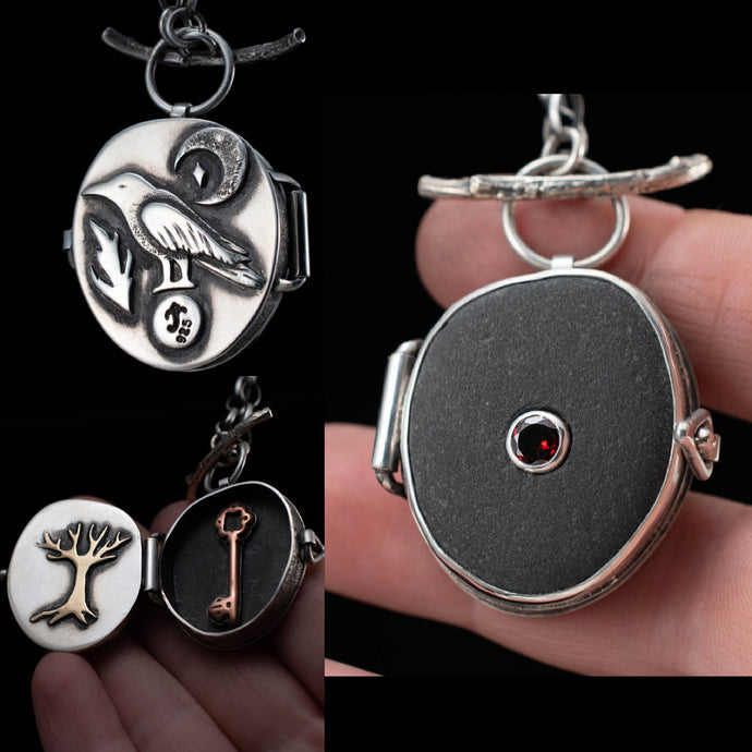 Crow Magic Stash Locket, with River Rock and Garnet - Rumination Jewelry