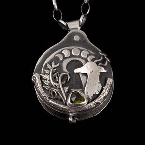 Mushroom Deer Keyhole Locket- Sphene - Rumination Jewelry